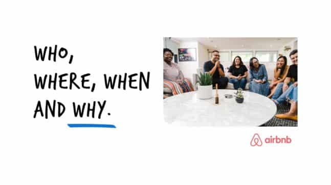 Who, where, when and why. Image of group of people and the AirBnB logo