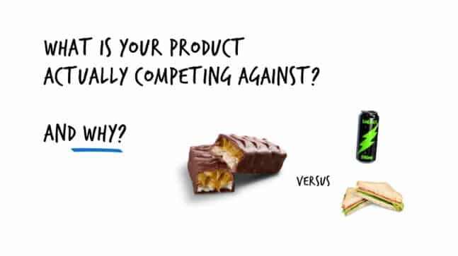 Image shows copy with What is your product actually competing against? And why? Image of chocolate, the word "versus", and an image of energy drink and a sandwich.