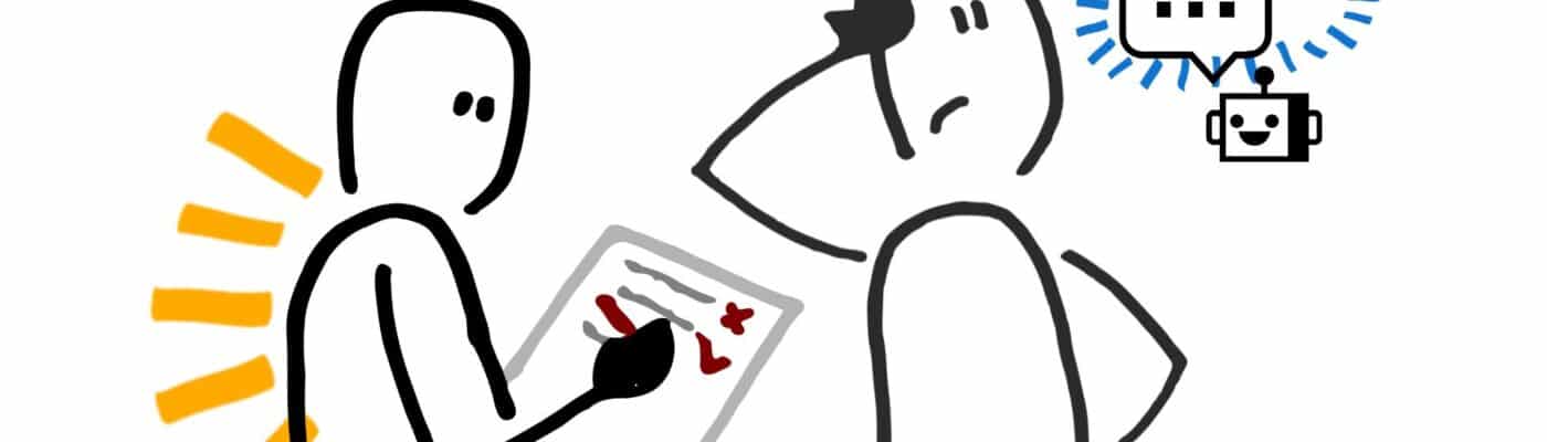 Two cartoon characters one with a clip board and the other with a confused expression.