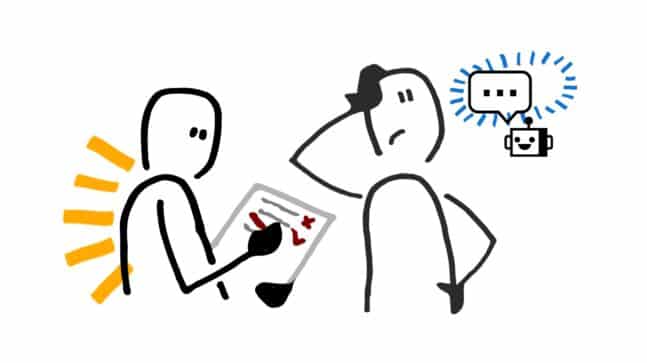 Two cartoon characters one with a clip board and the other with a confused expression.